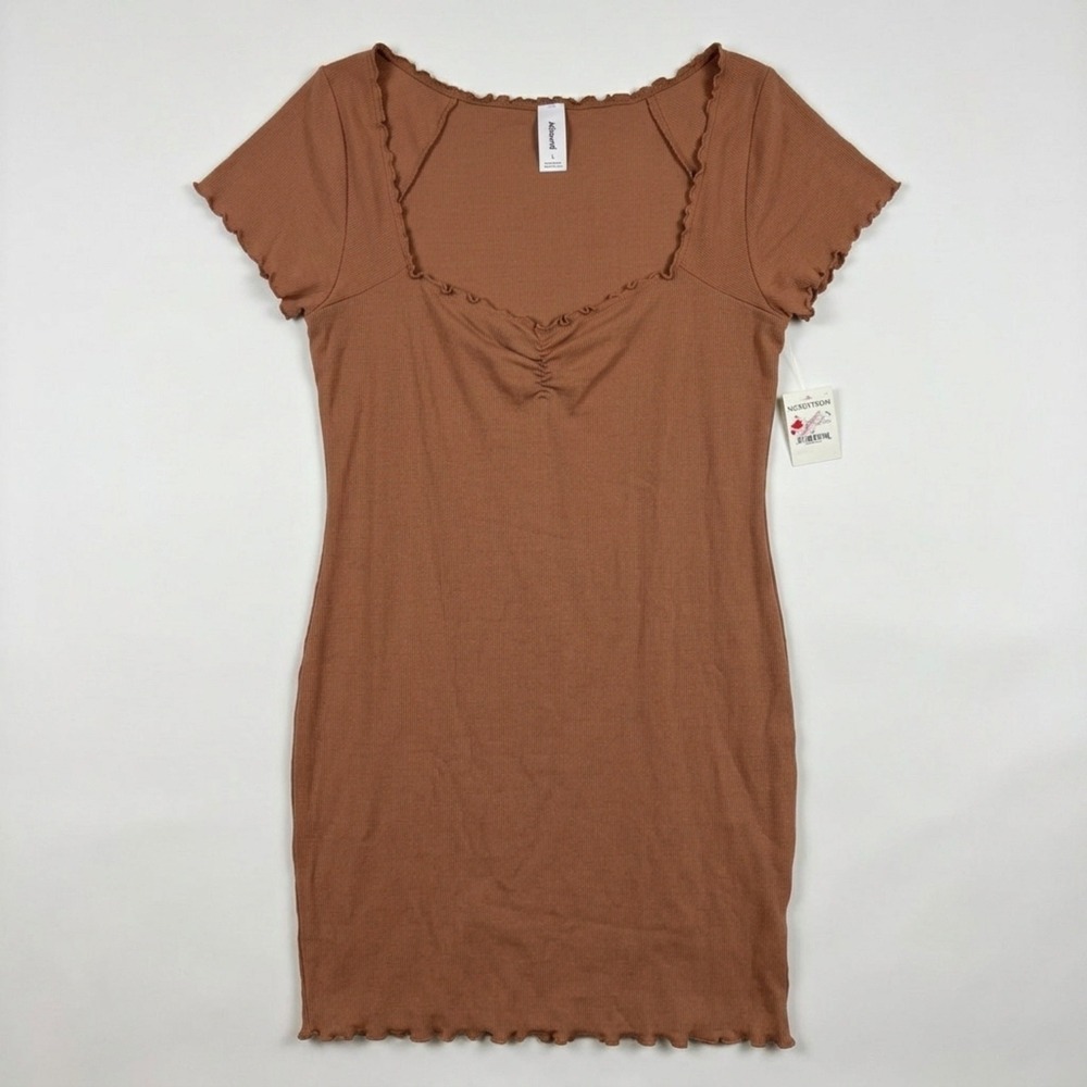 Abound Bodycon Mini Dress Womens L Brown ‎ Ribbed Lettuce Trim Sweetheart